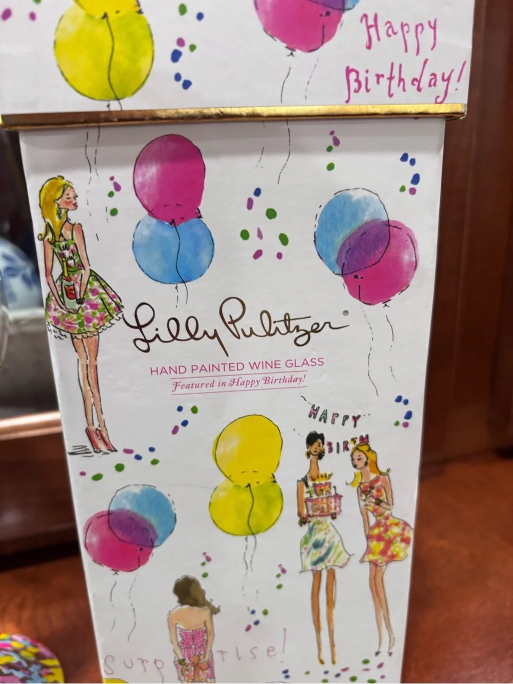 Lilly Pulitzer Pink, Yellow & Blue Hand-Painted Birthday Wine Glass